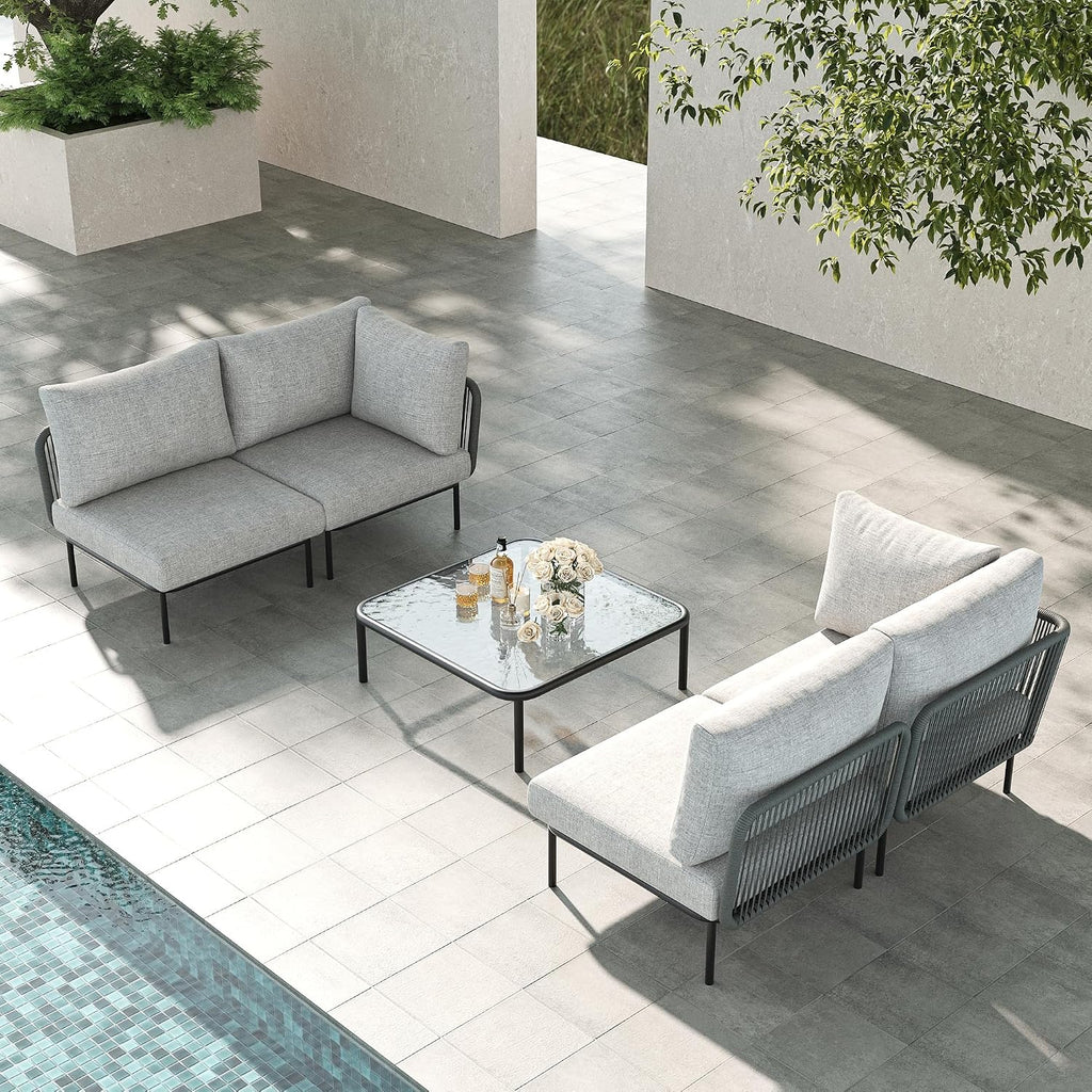 LayinSun 5 Pieces Aluminum Patio Furniture Set, Modern Modular Sectional Sofa with Coffee Table and Upgrade Thickness Cushion