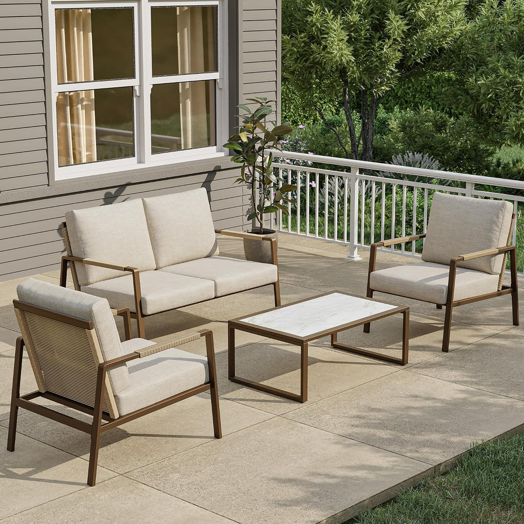 East Oak 4-Piece Outdoor Patio Furniture Set, Patio Conversation Sets with Thick Cushions,Waterproof Outside Seating Furniture with Rattan Armrests, Loveseat and Coffee Table for Backyard, Apricot