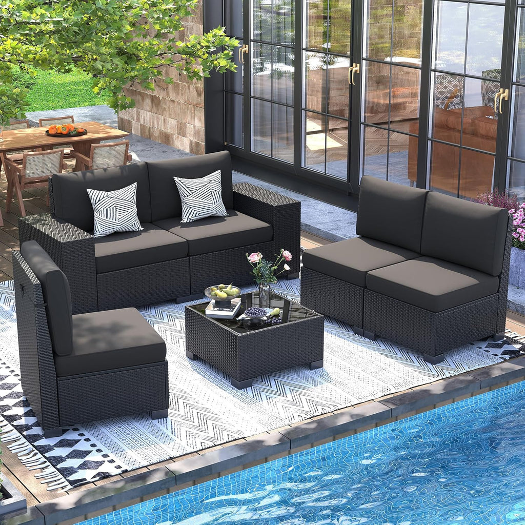 UDPATIO 6 Piece Patio Furniture Set, Outdoor Wicker Sectional Sofa with 8'' Wide Armrests, Modular Patio Conversation Set with Coffee Table for Backyard, Deck, Garden