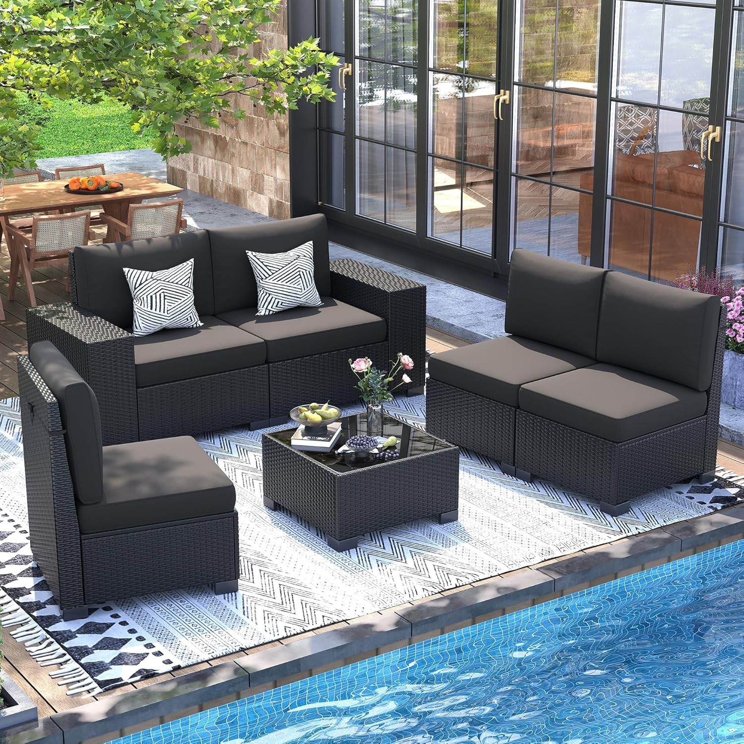 UDPATIO 6 Piece Patio Furniture Set, Outdoor Wicker Sectional Sofa with 8'' Wide Armrests, Modular Patio Conversation Set with Coffee Table for Backyard, Deck, Garden