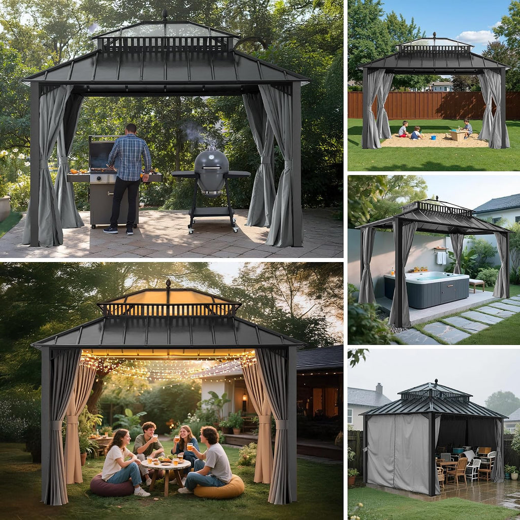 SUNJOY Kingston 12' x 10' Hardtop Gazebo with Galvanized Steel/Polycarbonate Double Roof, Curtain and Netting, Gray Aluminum Posts Permanent Pavilion Gazebo for Garden, Patio, Deck, Lawn