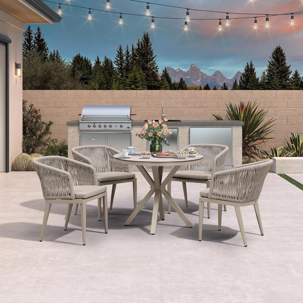 PURPLE LEAF 5 Pieces Patio Round Dining Set Aluminum Frame and Wicker Rattan Round Table and Arm Chairs with Cushions for Garden Porch Kitchen Modern Outdoor Champagne