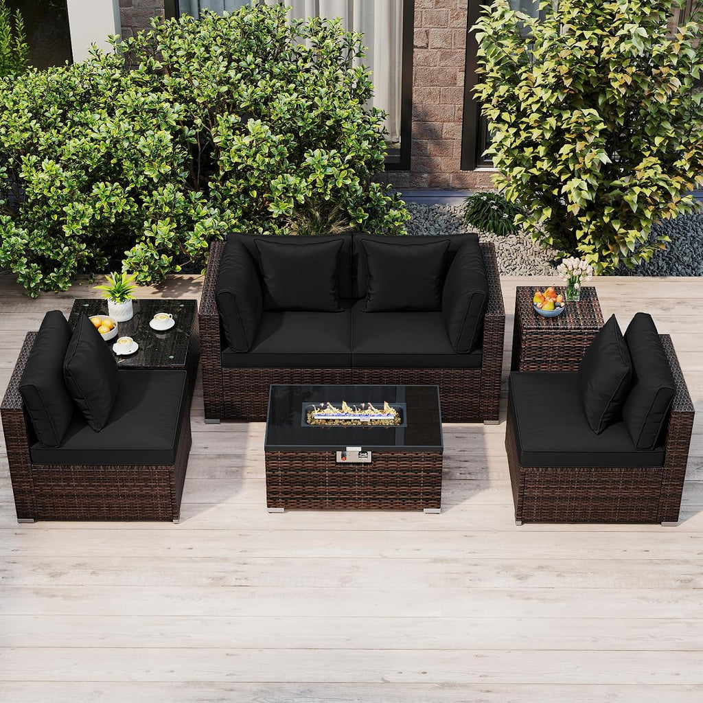 Tangkula 7 Pieces Wicker Patio Furniture Set with 40,000 BTU Gas Fire Pit Table & Propane Tank Cover Table & Glass Top Coffee Table, for Garden, Backyard and Poolside (Black)