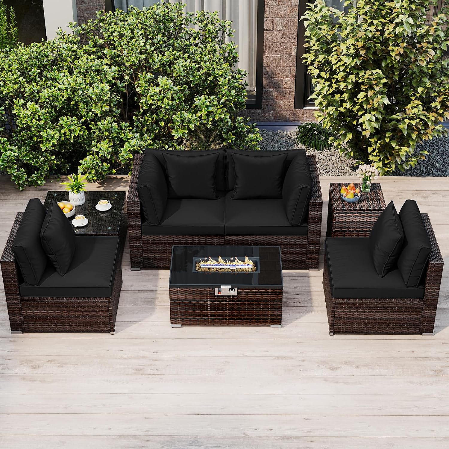 Tangkula 7 Pieces Wicker Patio Furniture Set with 40,000 BTU Gas Fire Pit Table & Propane Tank Cover Table & Glass Top Coffee Table, for Garden, Backyard and Poolside (Black)