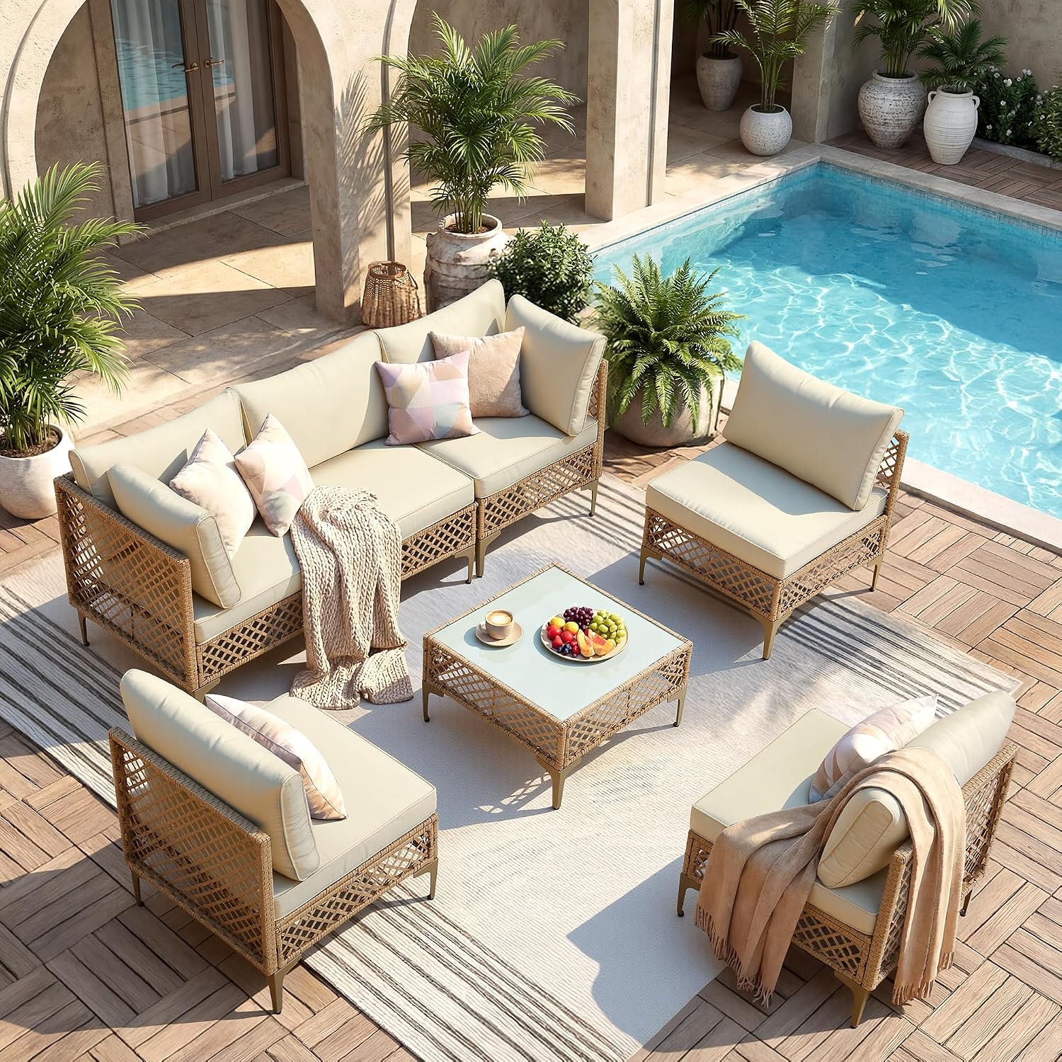 FHFO 7 Piece Patio Furniture Set, Outdoor Wicker Modular Sectional Patio Conversation Set with Thicker Cushion & Tempered Glass Coffee Table for Backyard, Poolside, Porch (Yellow/Beige)