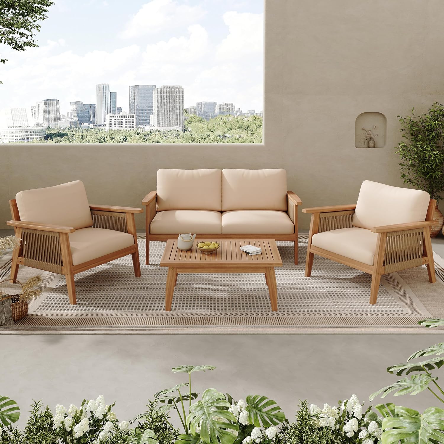 4 Piece Outdoor Patio Furniture Set, Acacia Wood Sectional Sofa wSeat Cushions, All-Weather Patio Conversation Seat with Couches and Coffee Table for Garden Backyard Balcony