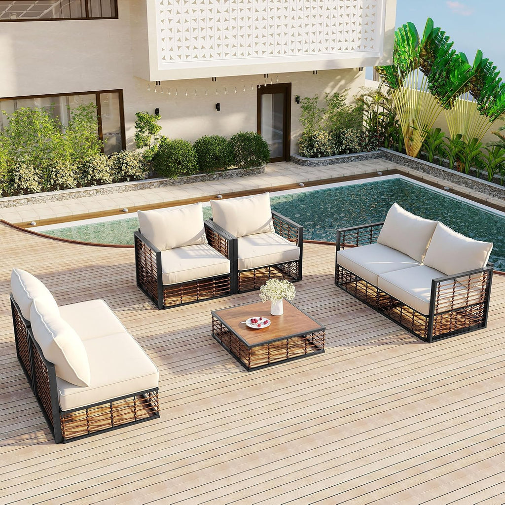 LUMISOL 7 Piece Patio Furniture Set, Metal Outdoor Sectional Sofa, All Weather Garden Conversational Furniture Set with Thick Cushions and Coffee Table for Indoor, Outdoor, Grey