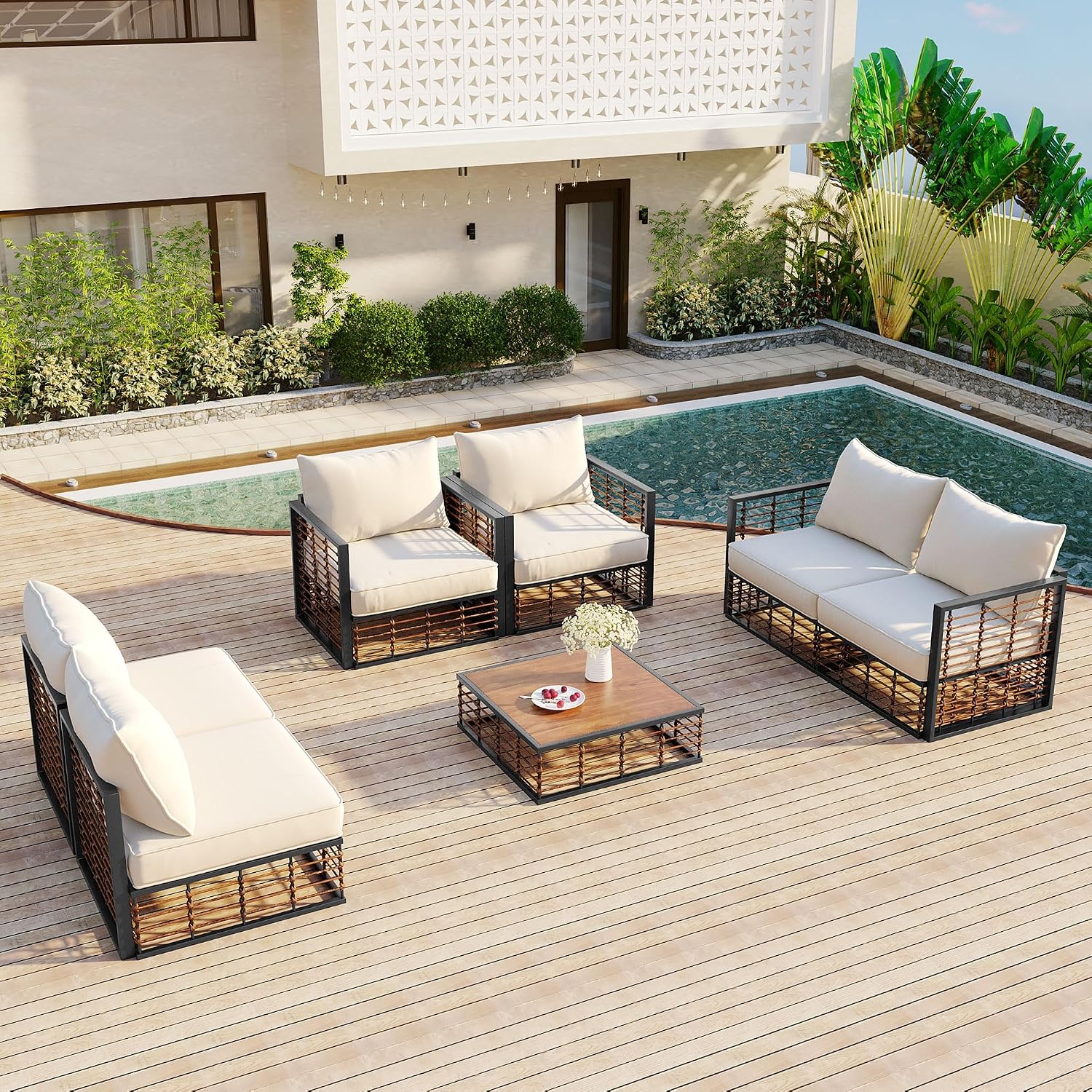 LUMISOL 7 Piece Patio Furniture Set, Metal Outdoor Sectional Sofa, All Weather Garden Conversational Furniture Set with Thick Cushions and Coffee Table for Indoor, Outdoor, Grey