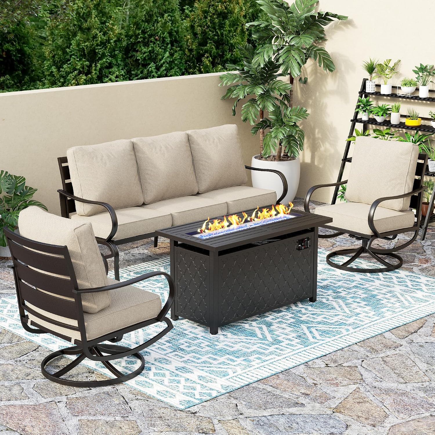 PHI VILLA 4 PCS Patio Furniture with FirePit Table, Outdoor Furniture Set with 1 x 45' Metal Firepit Table, 1 x 3 Seater Cushioned Deep Seating Bench & 2 x Swivel Sofa Chairs