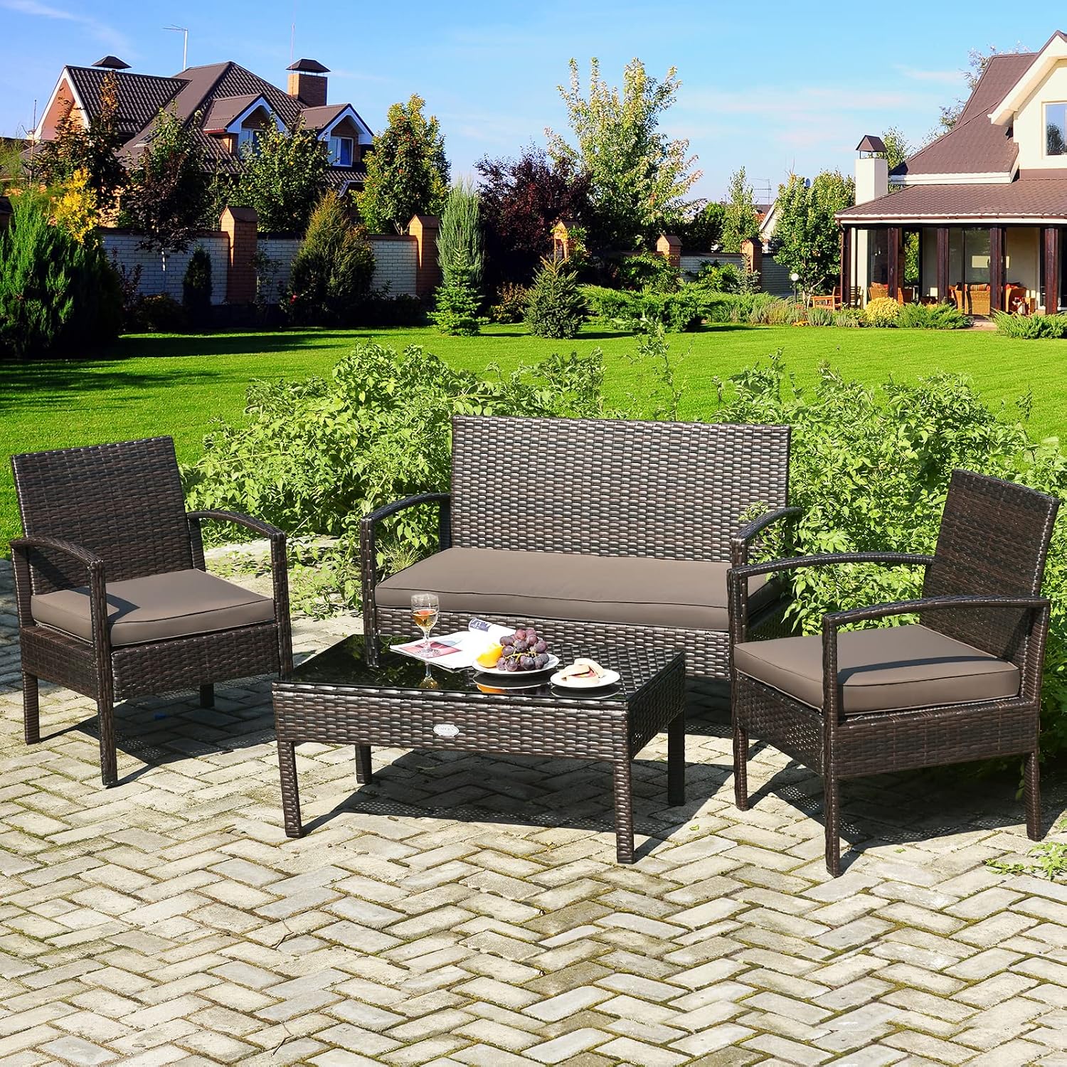COSTWAY Outdoor Patio Furniture Set 4 Pieces, Wicker Conversation Set with Tempered Glass Topped Table, Seat Cushions, Rattan Chair Wicker Sofa for Backyard Balcony Porch Poolside
