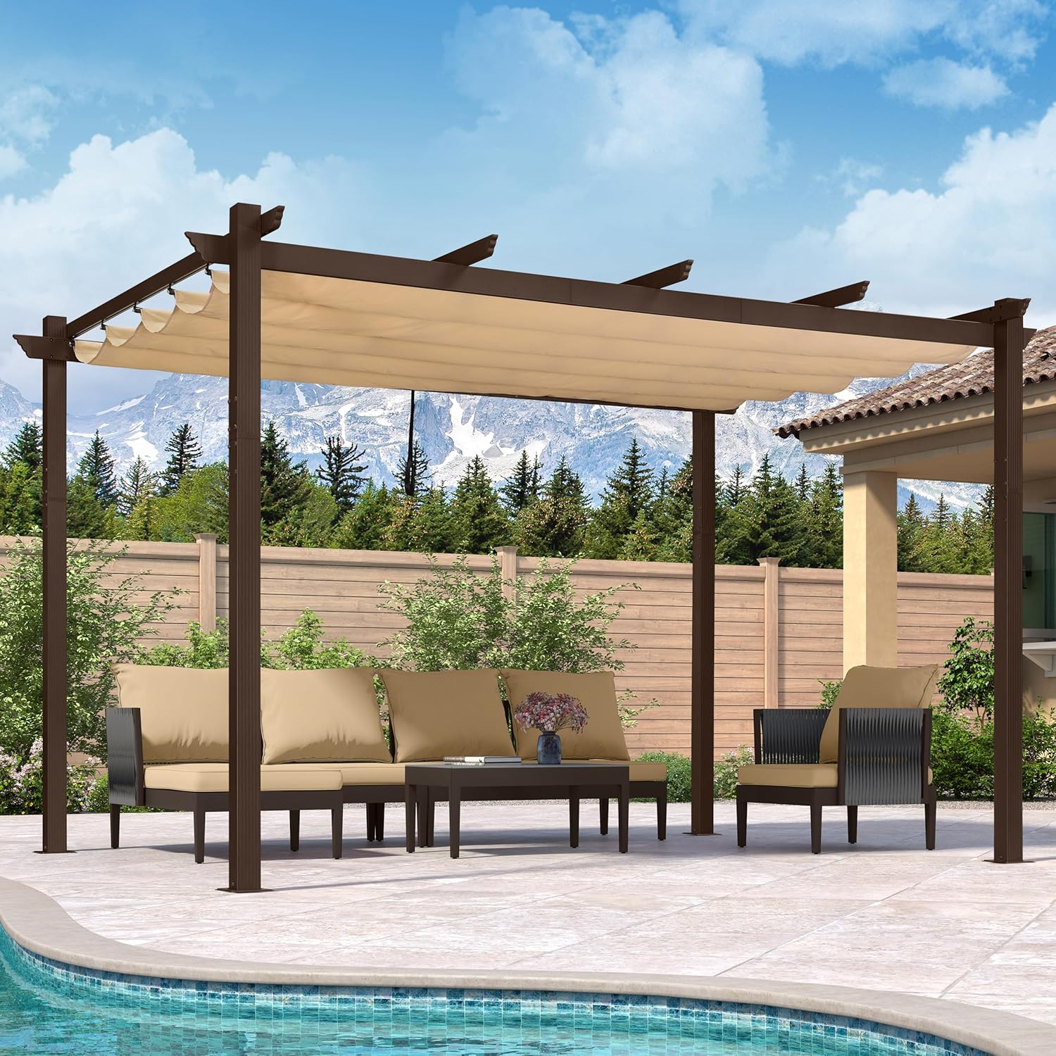 PURPLE LEAF 10' x 13' Outdoor Retractable Pergola Aluminum with Sun Shade Canopy DIY Patio Modern Heavy-Duty Bronze Shelter for Garden Yard Pavilion Grape Trellis Porch, Beige