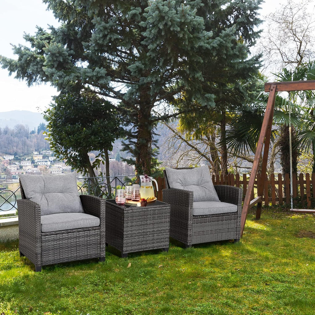 RELAX4LIFE Wicker Patio Furniture Sets - 3 Pieces Rattan Sofa Set, Outdoor Conversation Set with Tempered Glass Tabletop, Heavy-Duty Steel Frame, Wicker Chair Set for Poolside, Backyard, Grey