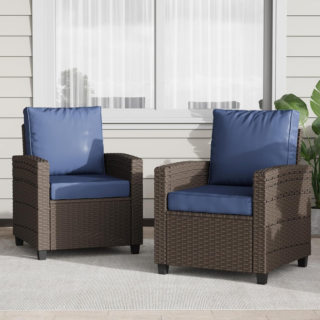 BUPPLEE 2 Pieces Patio Furniture Set, Outdoor Wicker Chairs Set of 2, All Weather High Back Rattan Chairs, Seating Club Chair Porch Chairs Set with Cushions for Balcony Porch Deck, Blue
