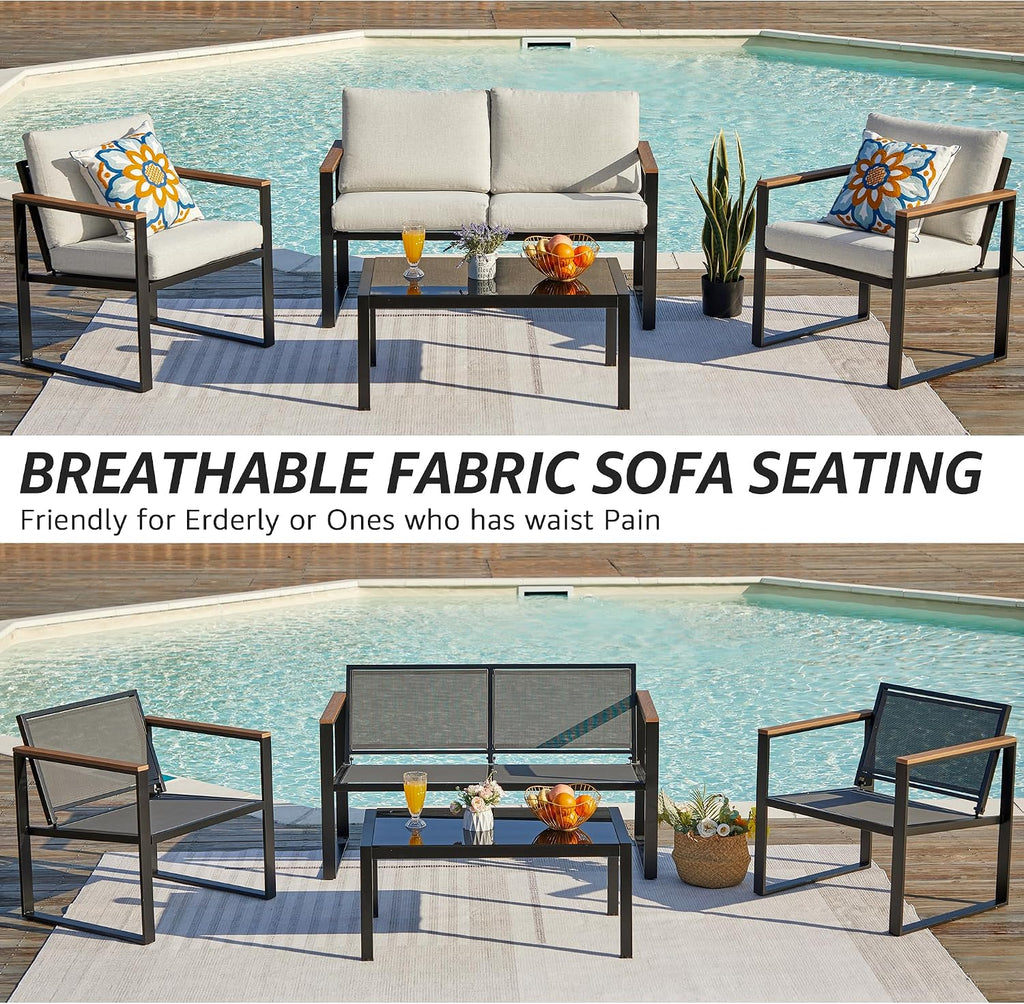 NATURAL EXPRESSIONS 4 Pieces Patio Furniture Sets,Metal Outdoor Patio Furniture Sets,Outdoor Sectional Patio Conversation Set,Wooden Anti-Scald Armrest,Sling Mesh,4' Olefin Cushions