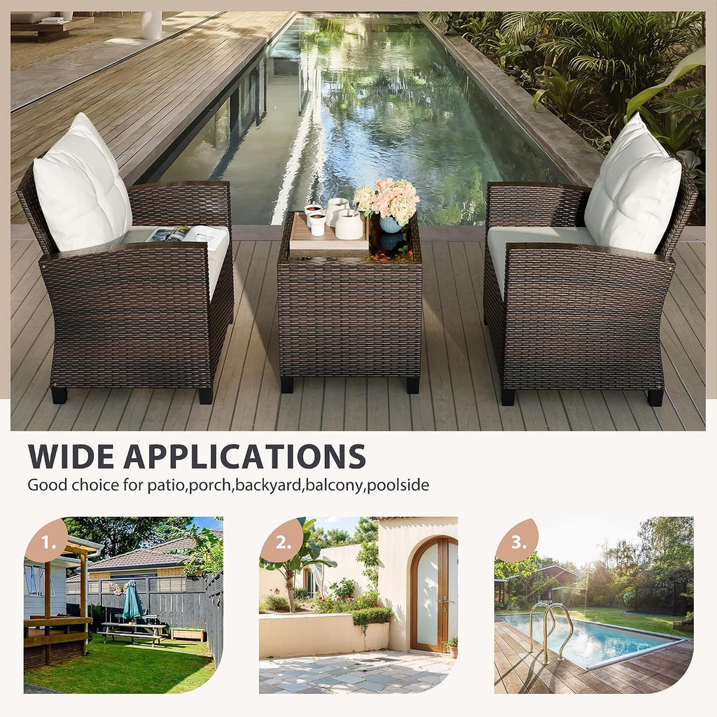 Vongrasig 3 Piece Patio Furniture Set Small Outdoor Wicker Rattan Front Porch Bistro Set Cushioned Patio Chairs Conversation Set with Glass Table for Lawn, Garden, Backyard, Balcony, Poolside (Beige)