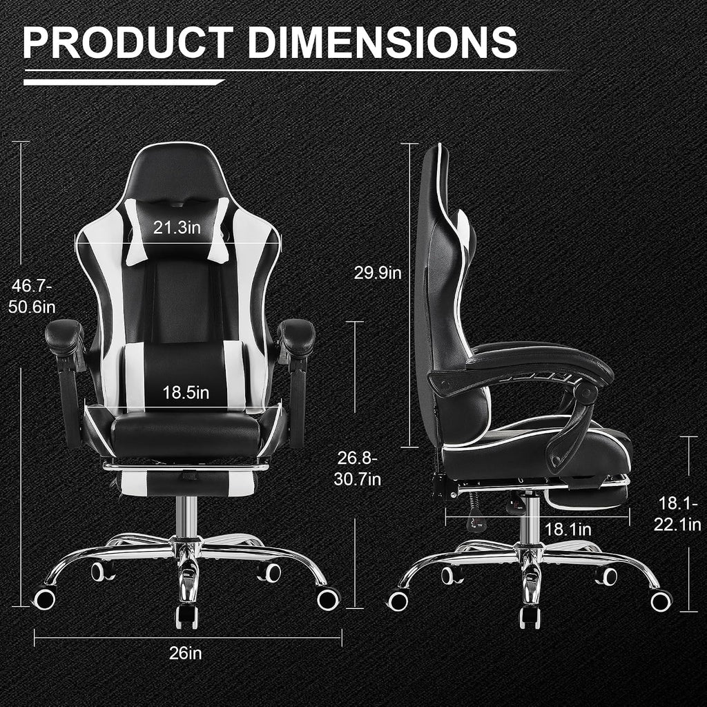VECELO Ergonomic Gaming Chair with Footrest, Comfy Recliner Computer Chair, Swivel Seat, Height Adjustable, High Back PU Leather, Lumbar Support, Headrest for Adults, Jet Black