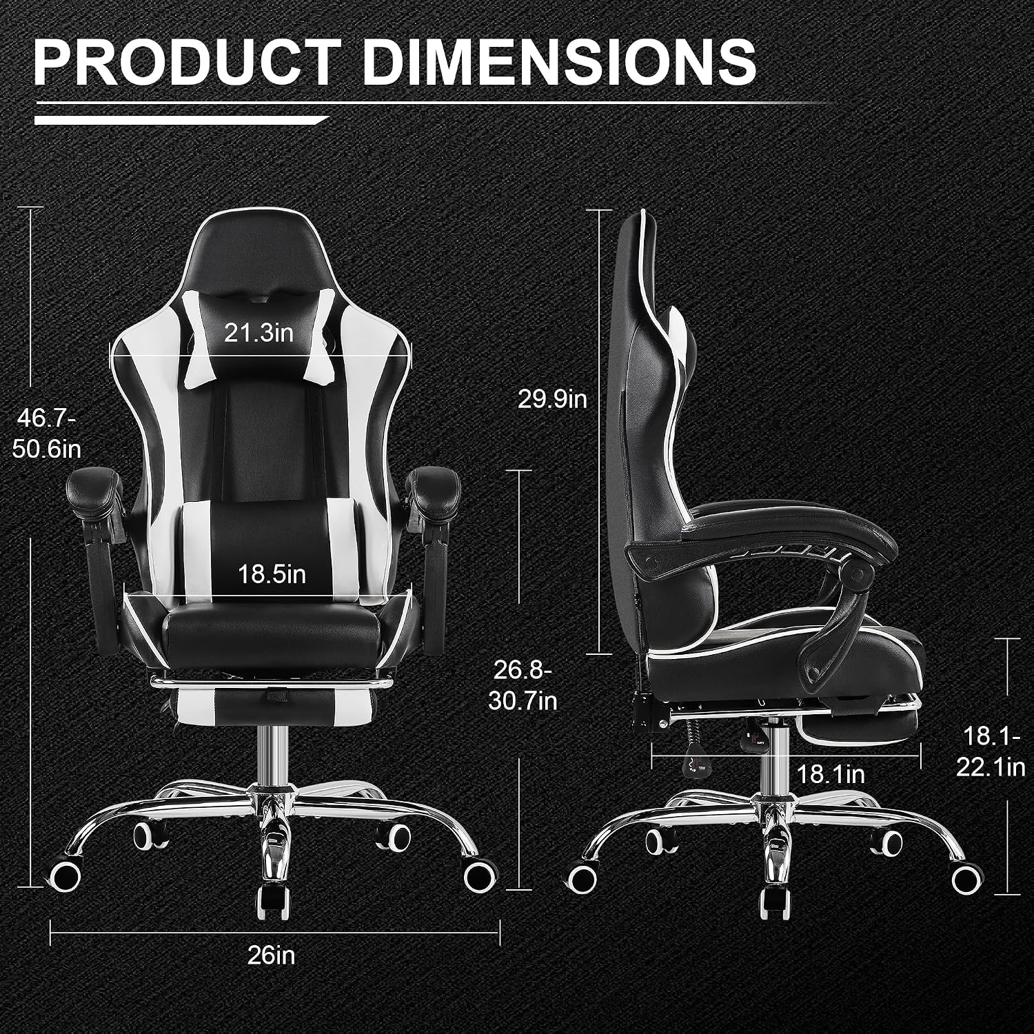 VECELO Ergonomic Gaming Chair with Footrest, Comfy Recliner Computer Chair, Swivel Seat, Height Adjustable, High Back PU Leather, Lumbar Support, Headrest for Adults, Jet Black