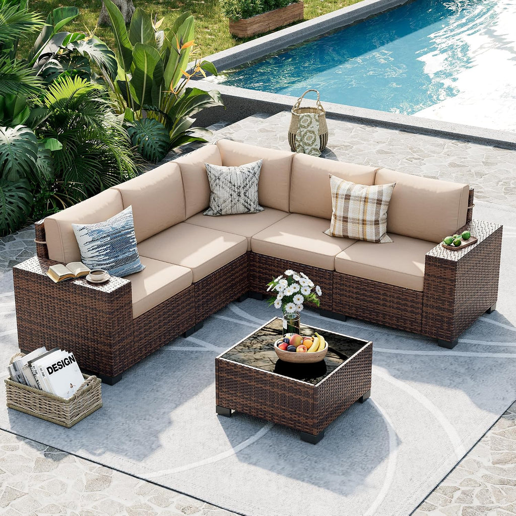 UDPATIO Patio Furniture Set, 8 Inch Armrest Outdoor Sectional Sofa with Wicker Coffee Table, 6 Piece Conversation for Garden, Backyard, Khaki