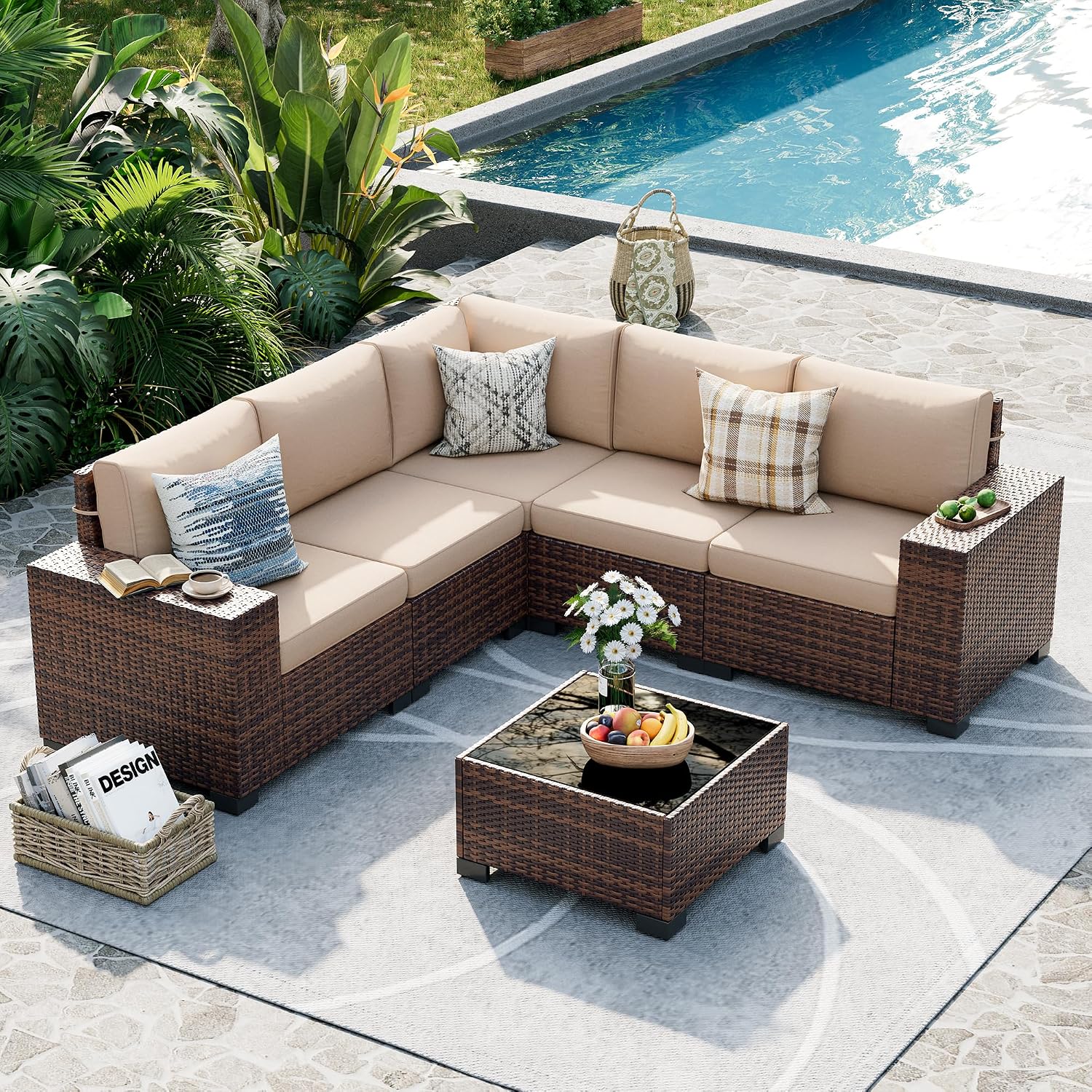 UDPATIO Patio Furniture Set, 8 Inch Armrest Outdoor Sectional Sofa with Wicker Coffee Table, 6 Piece Conversation for Garden, Backyard, Khaki