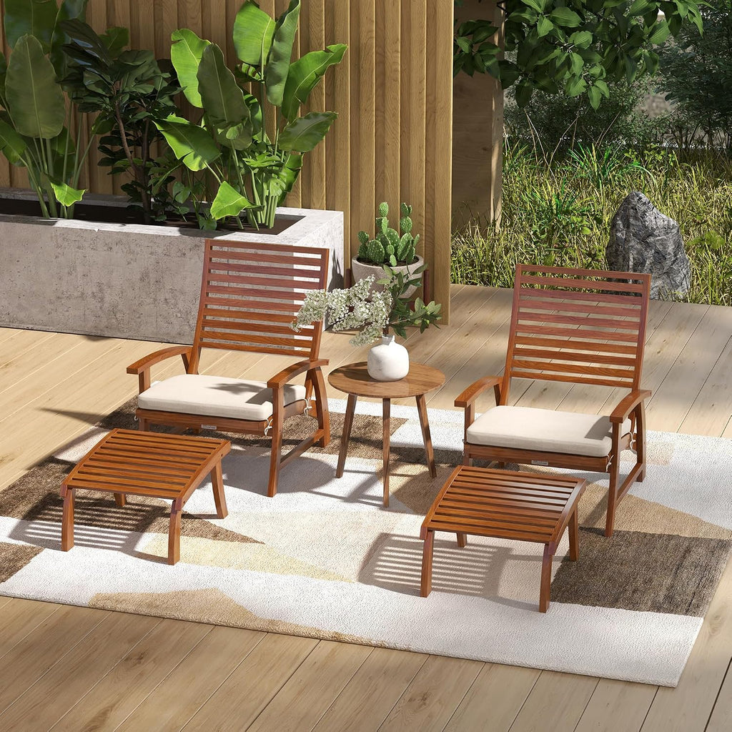 Outsunny 4 Piece Patio Furniture Set, 2 Chairs with Footstools, Outdoor Chair Set for 2 with Slatted Acacia Wood Seat and Backrest, Cushions and Ottomans, Cream White