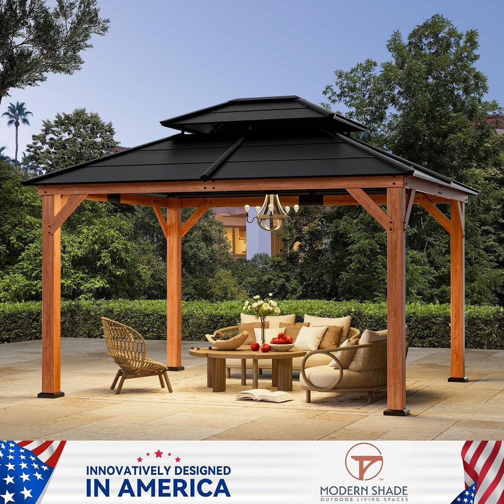 Modern Shade Wood Gazebo 11' x 13', Cedar Framed Wooden Gazebo with Double Galvanized Steel Roof, Hardtop Pavilion with Sturdy Hooks for Garden, Backyard Patio and Deck