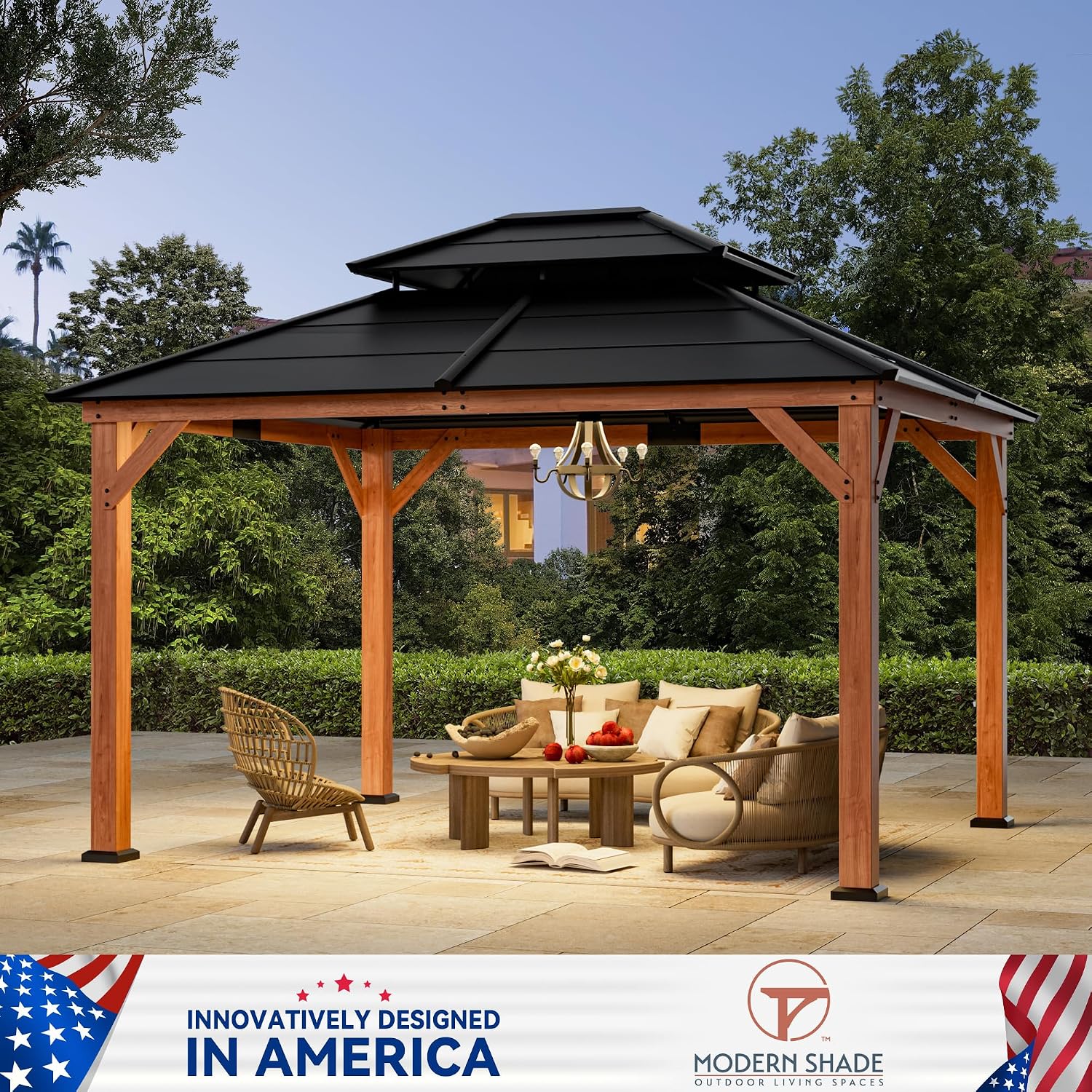 Modern Shade Wood Gazebo 11' x 13', Cedar Framed Wooden Gazebo with Double Galvanized Steel Roof, Hardtop Pavilion with Sturdy Hooks for Garden, Backyard Patio and Deck