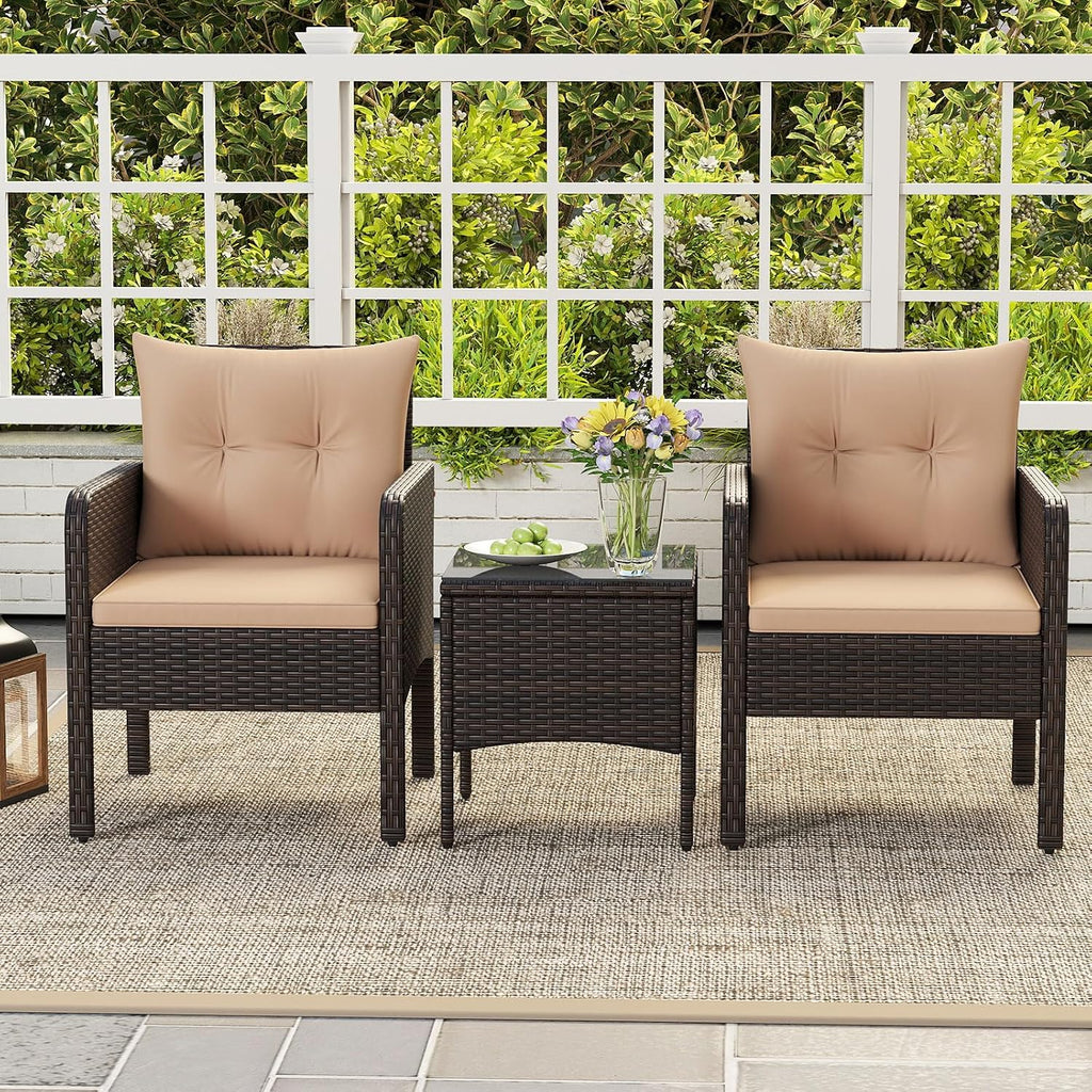 HAPPYGRILL 3 Piece Patio Bistro Set Rattan Wicker Outdoor Conversation Set with Cushions and Coffee Table, Outside Furniture with Rattan Chairs for Porch, Balcony, Deck and Garden (Beige)