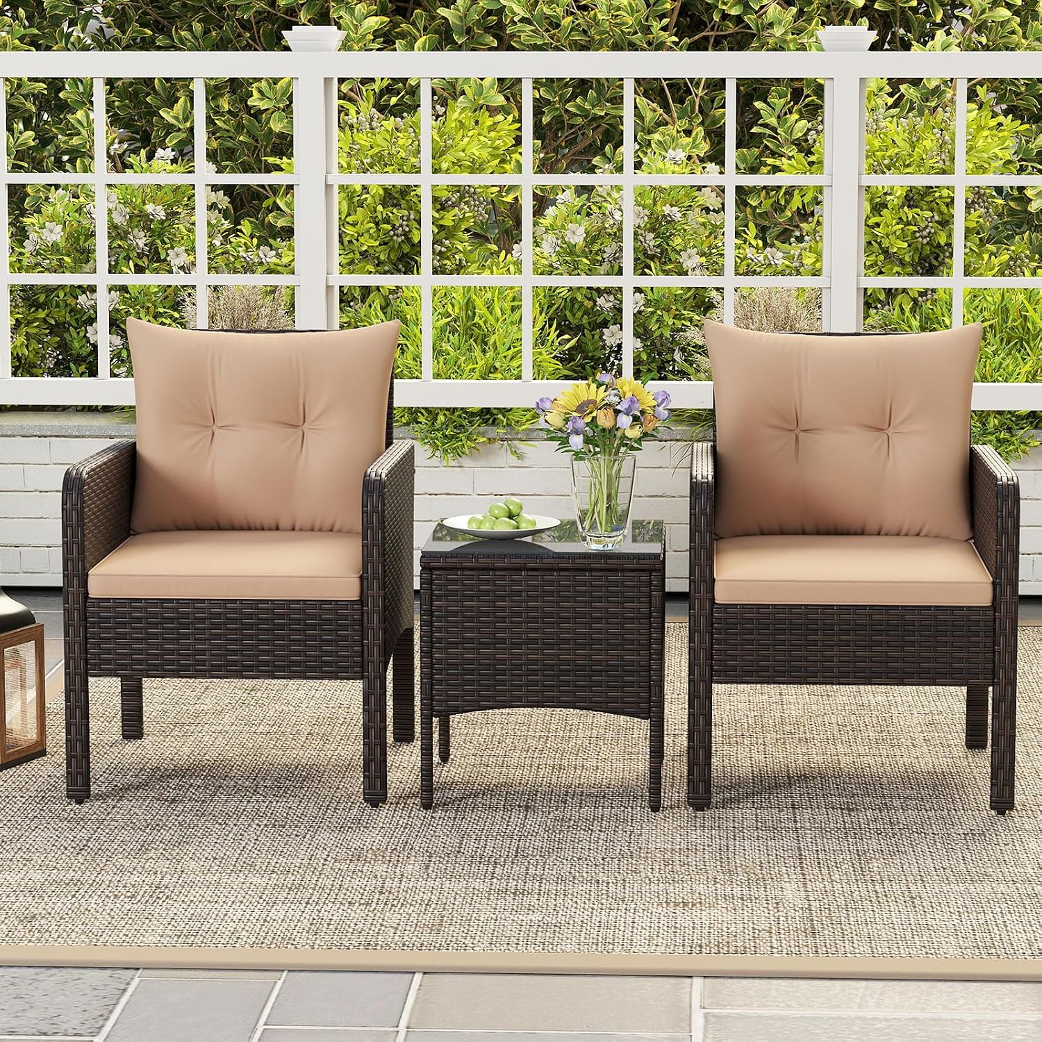 HAPPYGRILL 3 Piece Patio Bistro Set Rattan Wicker Outdoor Conversation Set with Cushions and Coffee Table, Outside Furniture with Rattan Chairs for Porch, Balcony, Deck and Garden (Beige)