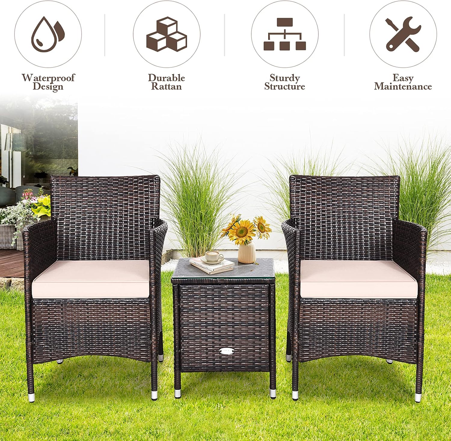 Tangkula Patio Furniture Set 3 Piece, Outdoor Wicker Rattan Conversation Set with Coffee Table, Chairs & Thick Cushions, Suitable for Patio Garden Lawn Backyard Pool (Off-White)