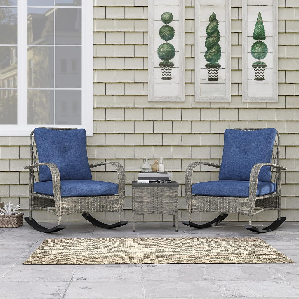Outsunny 3 Piece Wicker Patio Furniture Set, PE Rattan Rocking Chairs with Coffee Table, Cushions, Outdoor Bistro Set for Porch, Garden, Poolside, Gray