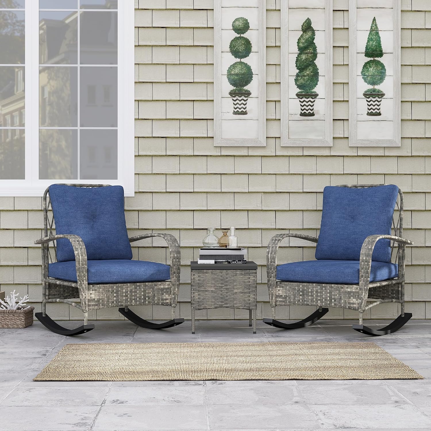 Outsunny 3 Piece Wicker Patio Furniture Set, PE Rattan Rocking Chairs with Coffee Table, Cushions, Outdoor Bistro Set for Porch, Garden, Poolside, Gray
