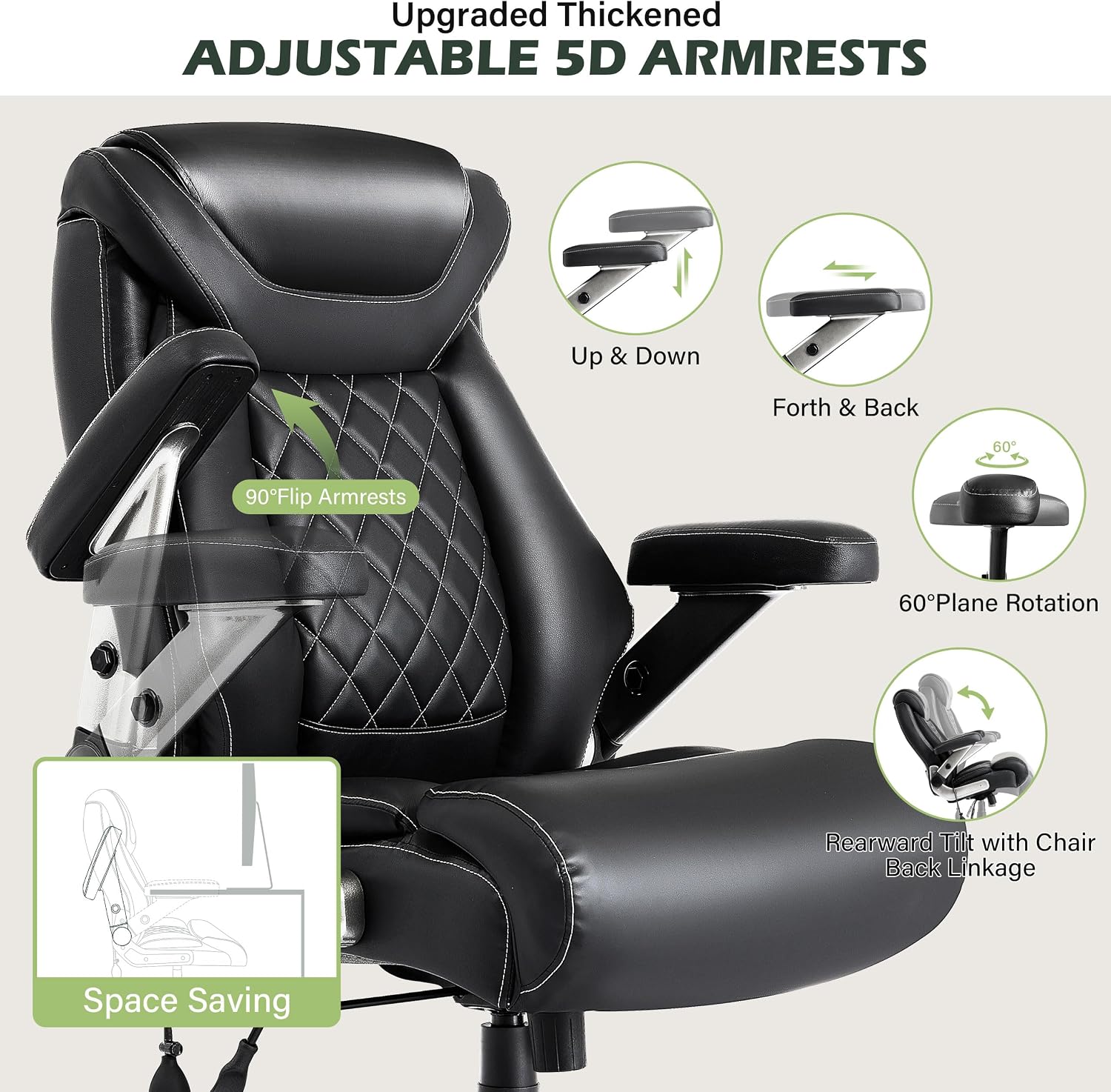 Large Big and Tall Office Chair 650lbs with Thick Spring Cushion, 5D Flip Arm Ergonomic Executive Office Chair Adjustable Lumbar Airbag&Extra Wide, Comfy Padded Heavy Duty Game Chair Dual Rubber Wheel