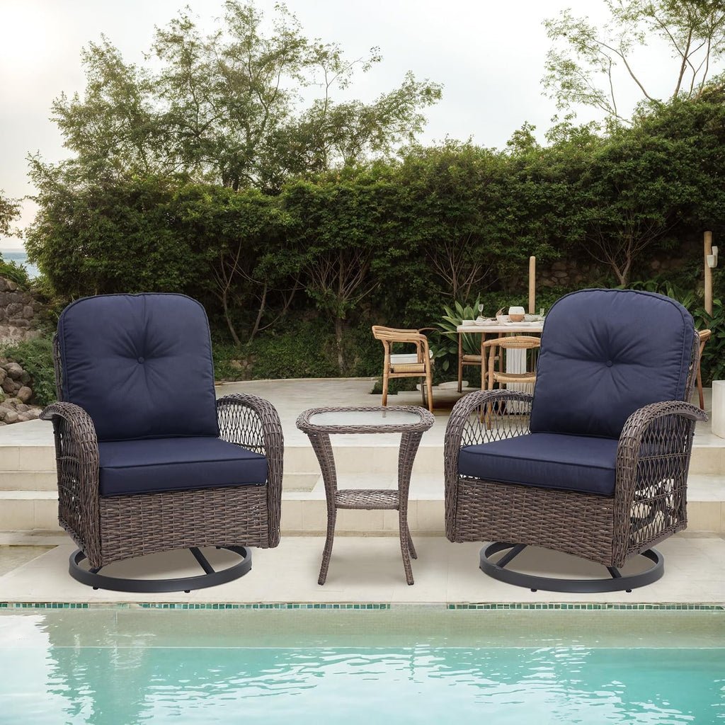Allewie Patio Furniture Set, 3 Piece Wicker Patio Bistro Set Swivel Rocking Chairs Set of 2 with Coffee Table Outdoor Rattan Conversation Chairs for Porch Backyard Poolside, Blue
