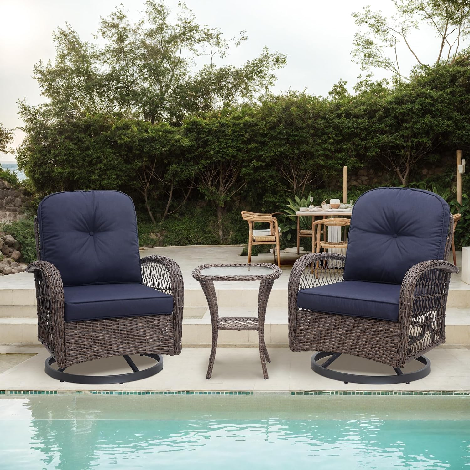 Allewie Patio Furniture Set, 3 Piece Wicker Patio Bistro Set Swivel Rocking Chairs Set of 2 with Coffee Table Outdoor Rattan Conversation Chairs for Porch Backyard Poolside, Blue