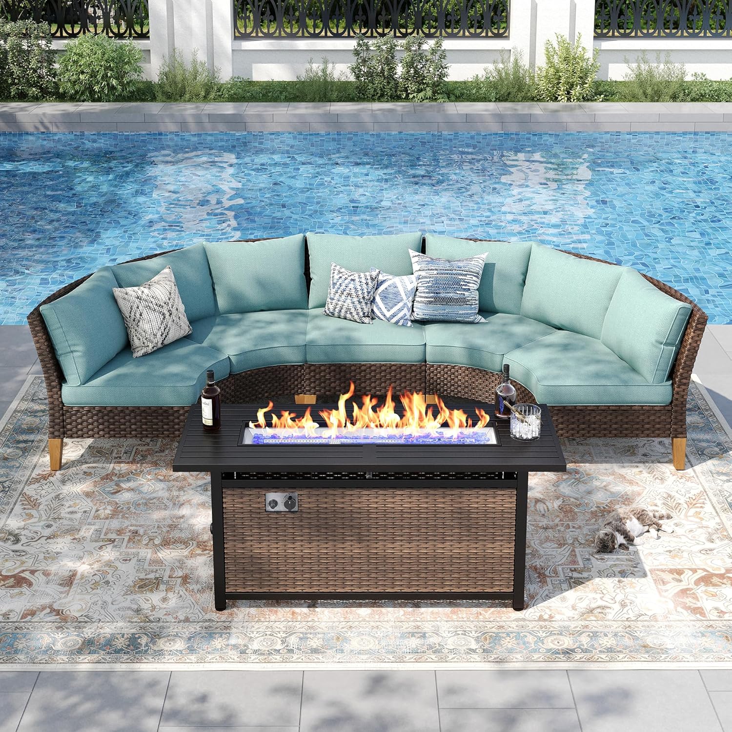 PHI VILLA Half Moon Patio Furniture Set with 56' Fire Pit Table, Outdoor Curved Wicker Sectional Sofa with Cushions and Ottomans, Aqua Blue