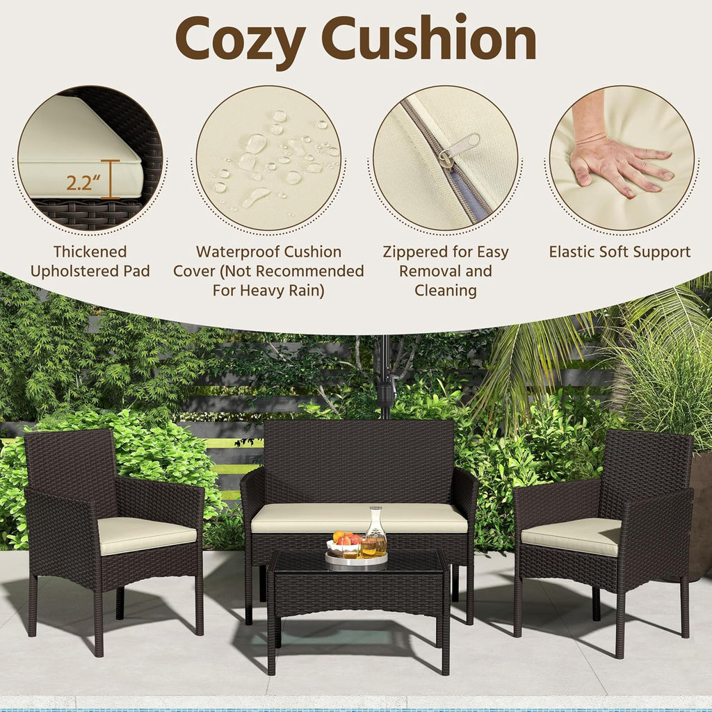 Yaheetech Patio Furniture Set 4 Pieces Conversation Sets, Rattan Chair Wicker Set Loveseat with Soft Cushion and Glass Table for Backyard Porch Garden Poolside Balcony, Brown and Beige