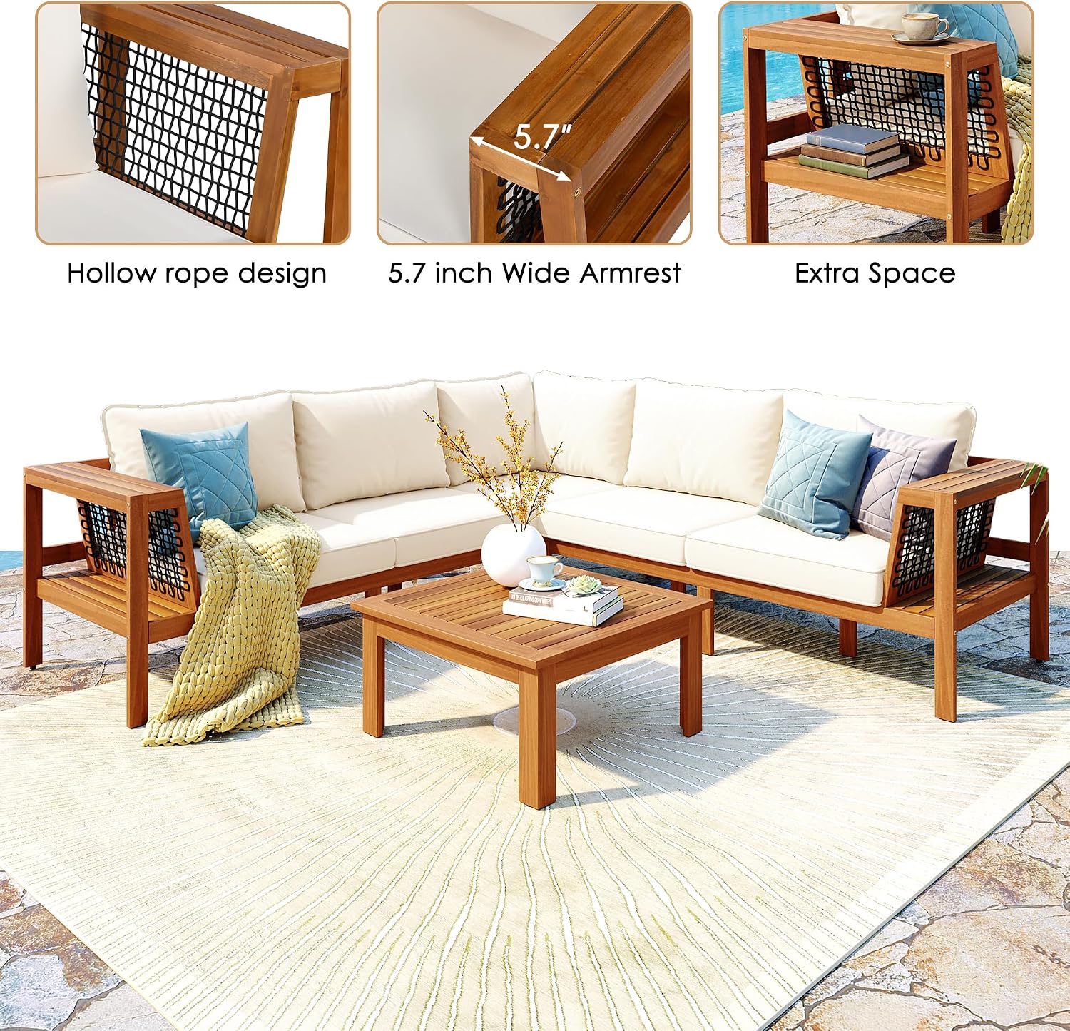 4 Piece Outdoor Patio Furniture Set, L-Shaped Patio Sofa Set with Coffee Table and Woven Mesh Armrests, All-Weather Conversation Seat with Cushions and Side Table (Beige+Brown)