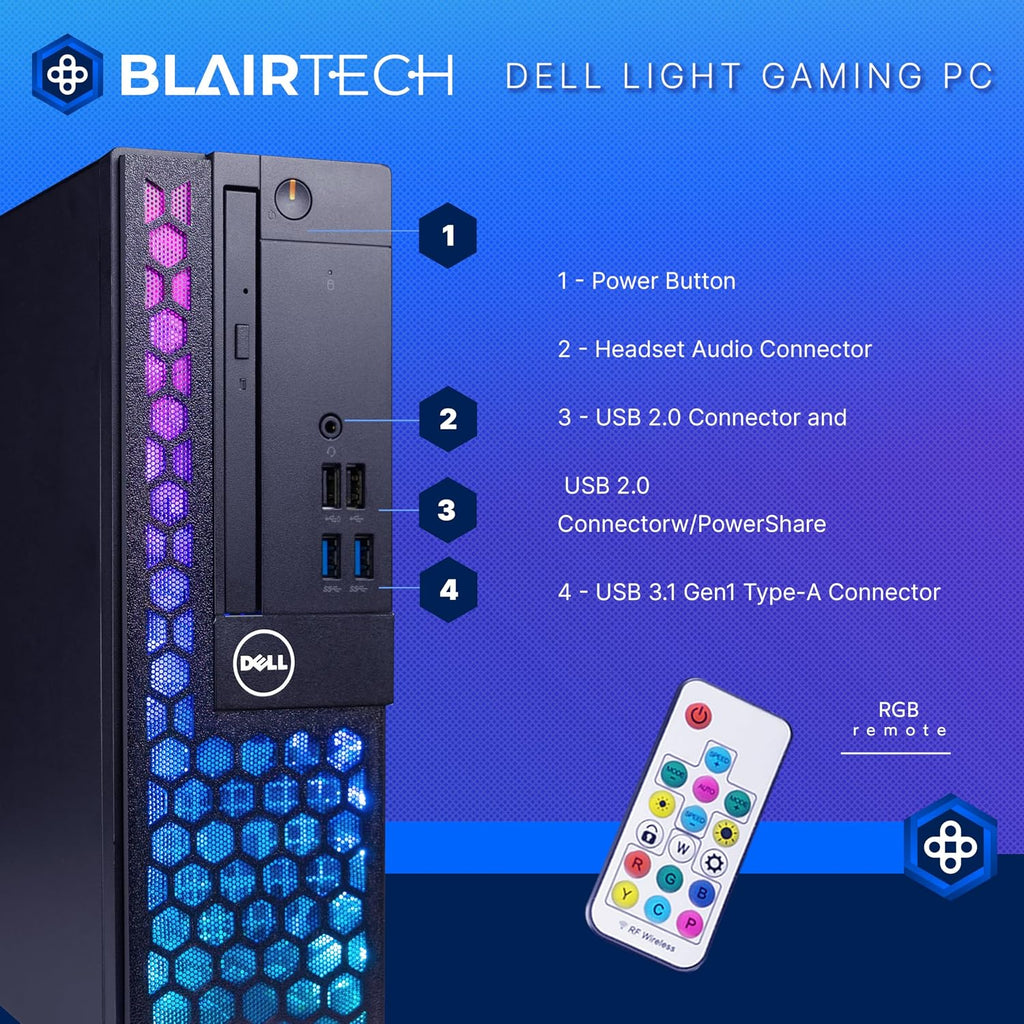 Dell RGB Light Gaming PC Bundle (Renewed) | Intel Core i5 | 16GB RAM | 500GB SSD | NVIDIA GT 1030 2GB | Windows 11 Pro | 24' FHD Monitor | RGB Soundbar, Keyboard, Mouse & Headphones | (Renewed)