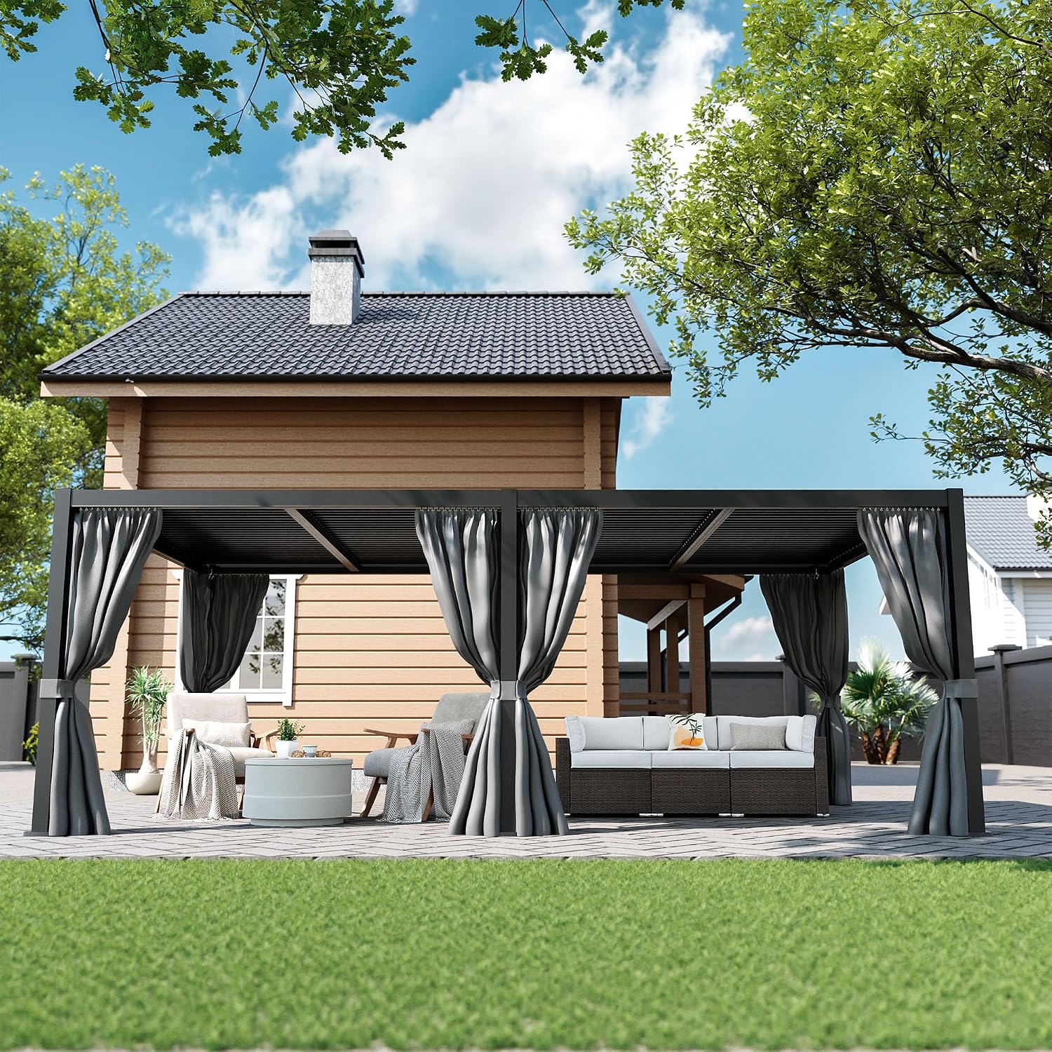 COSIEST 12'X24' Aluminum Louvered Pergola,All-Weather Adjustable Roof with Mosquito-Proof & UV Protection Netting Curtains Large Pergolas for Patio, Deck, Backyard, Garden Outdoor Living Space (Black)
