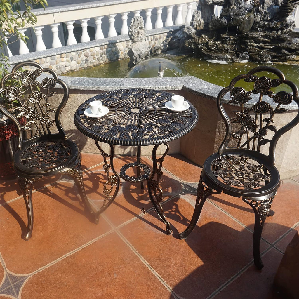 KAILI Outdoor Furniture Bistro Set with Rose Pattern 1 Table 2 Chairs for Garden Patio Porch (Rose-Bronzed)