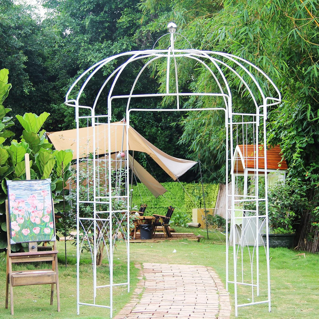 Birdcage Shape Garden Arches Arbors,9' High x 6.8' Wide,Metal Gazebo White Enduring Iron Trellis Plants Stand Use for Outdoor Garden Climbing Plants Wedding Arches Ceremony
