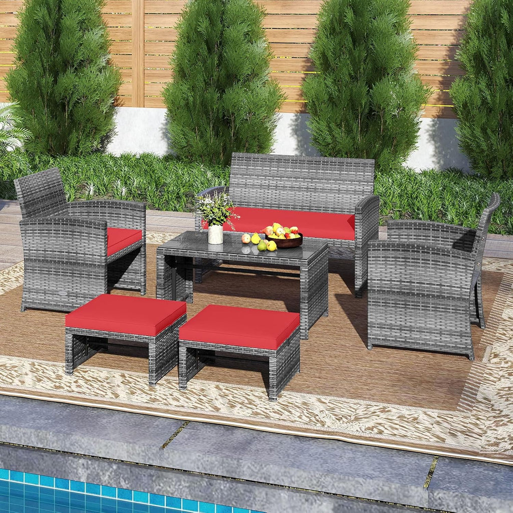 Tangkula 6 Pieces Patio Furniture Set, Outdoor Rattan Conversation Chairs Set with 1 Loveseat, 1 Coffee Table, 2 Armchairs and 2 Ottomans for Garden, Deck, Backyard and Poolside (Red)