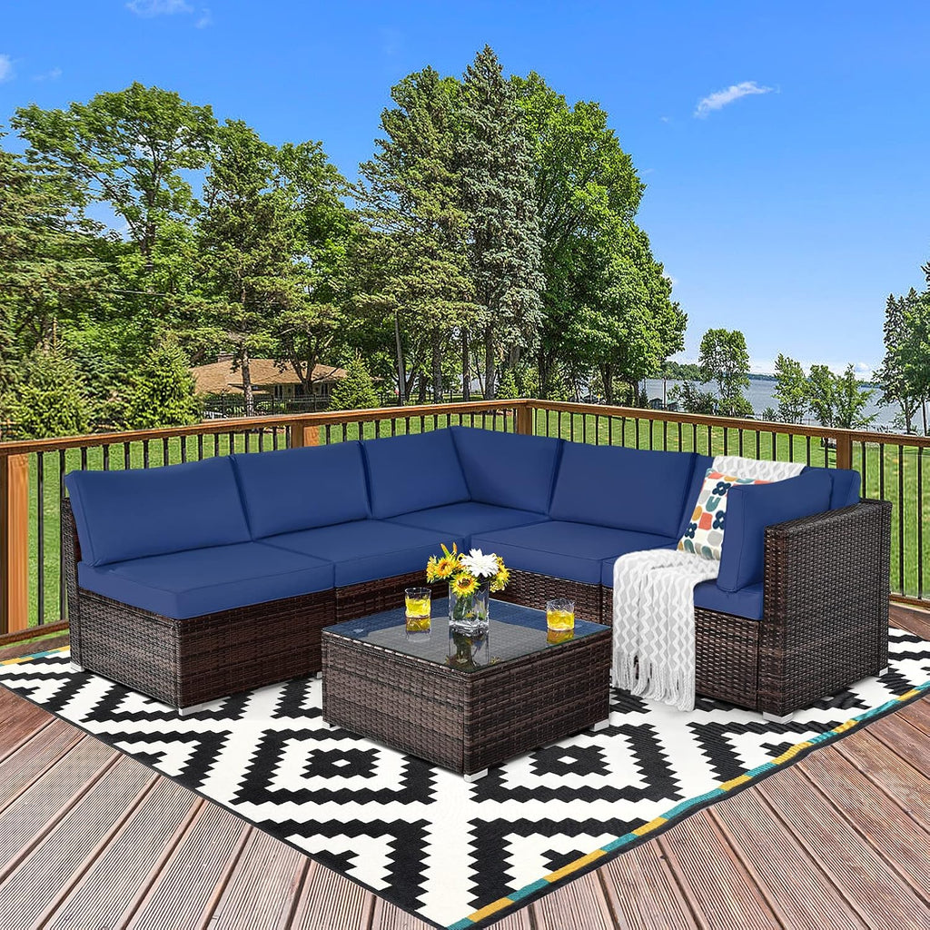 COSTWAY 6-Piece Outdoor Patio Furniture Set, Rattan Sectional Sofa Set with Tempered Glass Coffee Table and Cushions for Garden, Deck, Backyard (Navy)