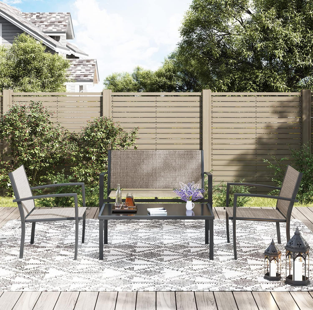 Greesum 4 Pieces Patio Furniture Set, Outdoor Conversation Sets for Patio, Lawn, Garden, Poolside with A Glass Coffee Table, Brown