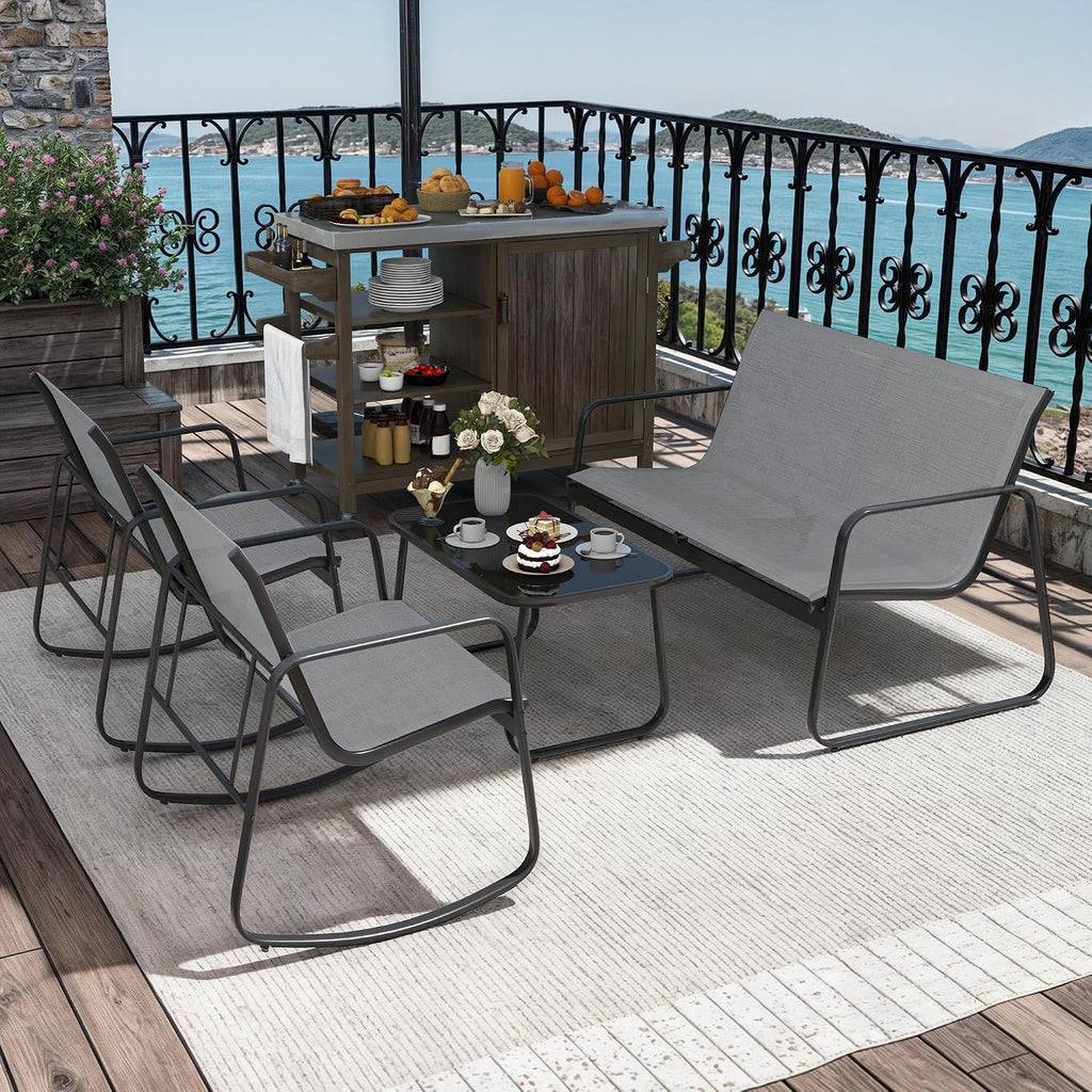 DWVO 4-Piece Patio Furniture Set, Textilene Conversation Set with 2 Rocking Chairs and Tempered Glass Coffee Table, Ideal for Indoor Patio Lawn Garden Poolside, Gray