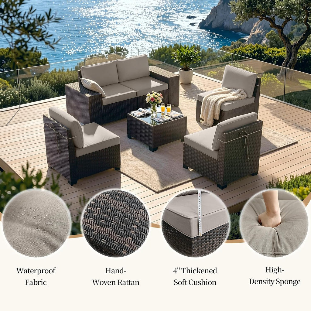 Patio Furniture Set 6 Pieces Outdoor Sectional Sofa Set,PE Rattan Wicker Patio Conversation Set with Thickened Cushions and Glass Coffee Table,Sand