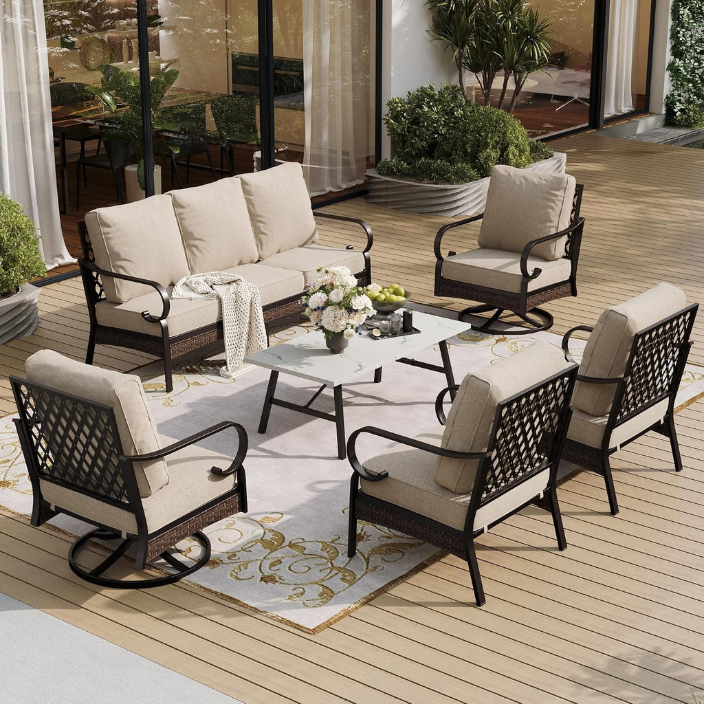 SUNSHINE VALLEY 6 Piece Metal Outdoor Patio Furniture Set, Patio Conversation Set with 3-Seater Couch, 2 Fixed Sofa, 2 Swivel Sofa (5.75' Thick Cushion) & Coffee Table Black Backyard Furniture, Beige