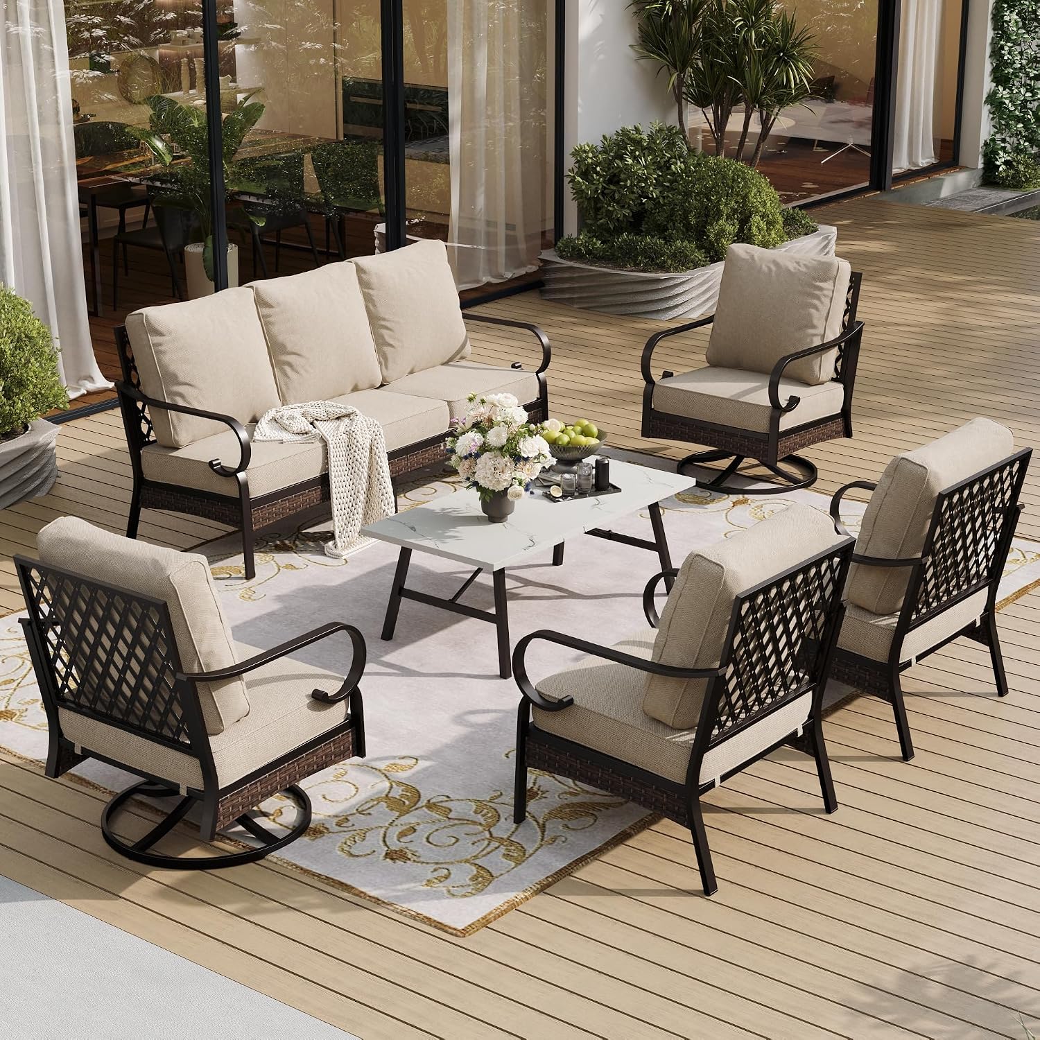 SUNSHINE VALLEY 6 Piece Metal Outdoor Patio Furniture Set, Patio Conversation Set with 3-Seater Couch, 2 Fixed Sofa, 2 Swivel Sofa (5.75' Thick Cushion) & Coffee Table Black Backyard Furniture, Beige
