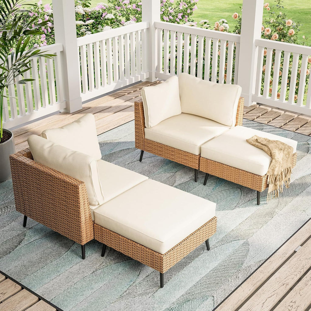 LAUSAINT HOME Outdoor Patio Furniture, 4 Piece Outdoor Sectional Sofa PE Rattan Wicker Patio Conversation Sets, All Weather Patio Furniture Set with Thick Cushions for Garden, Backyard(Beige)