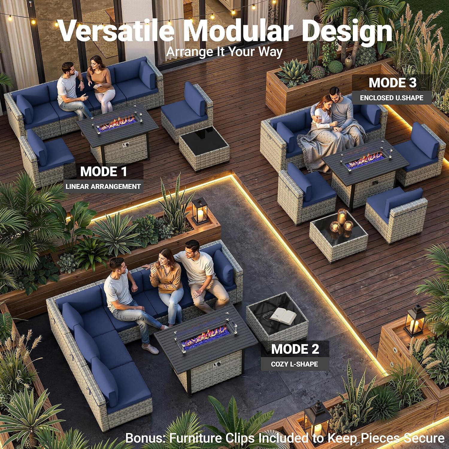 8-Piece Modern Patio Furniture Set with 55,000 BTU Fire Pit Table, Thick Cushions, Dual-Strand Wicker Rattan, Rust-Resistant Frame, Navy Blue